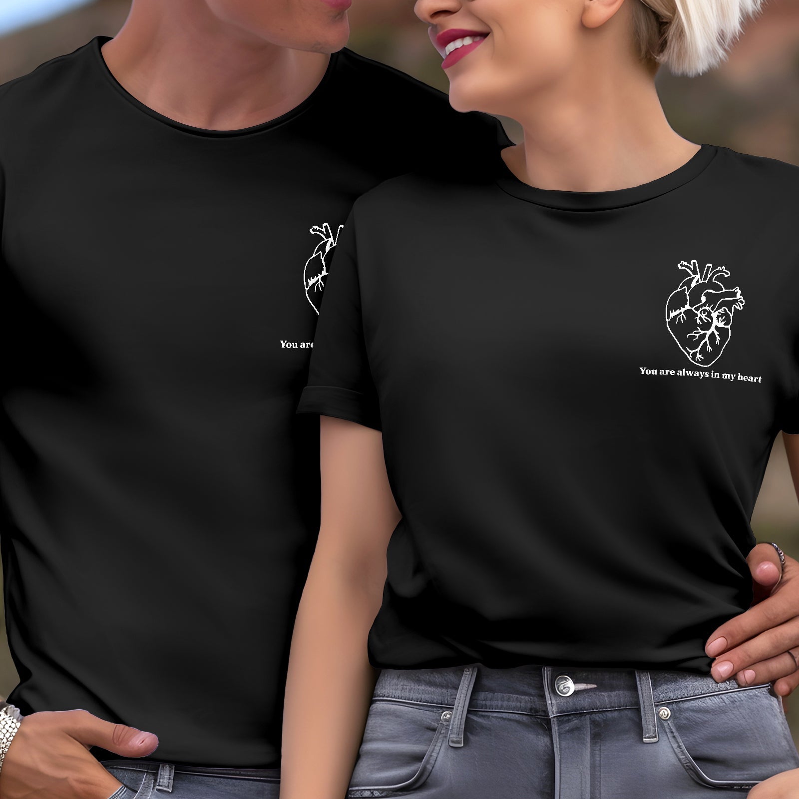 Couple wearing black custom apparel t-shirts with heart design and You Are Always In My Heart text unique couples gift custom apparel