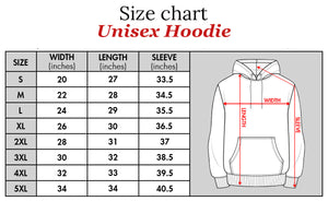 Size chart for unisex hoodie showing width length and sleeve measurements in inches