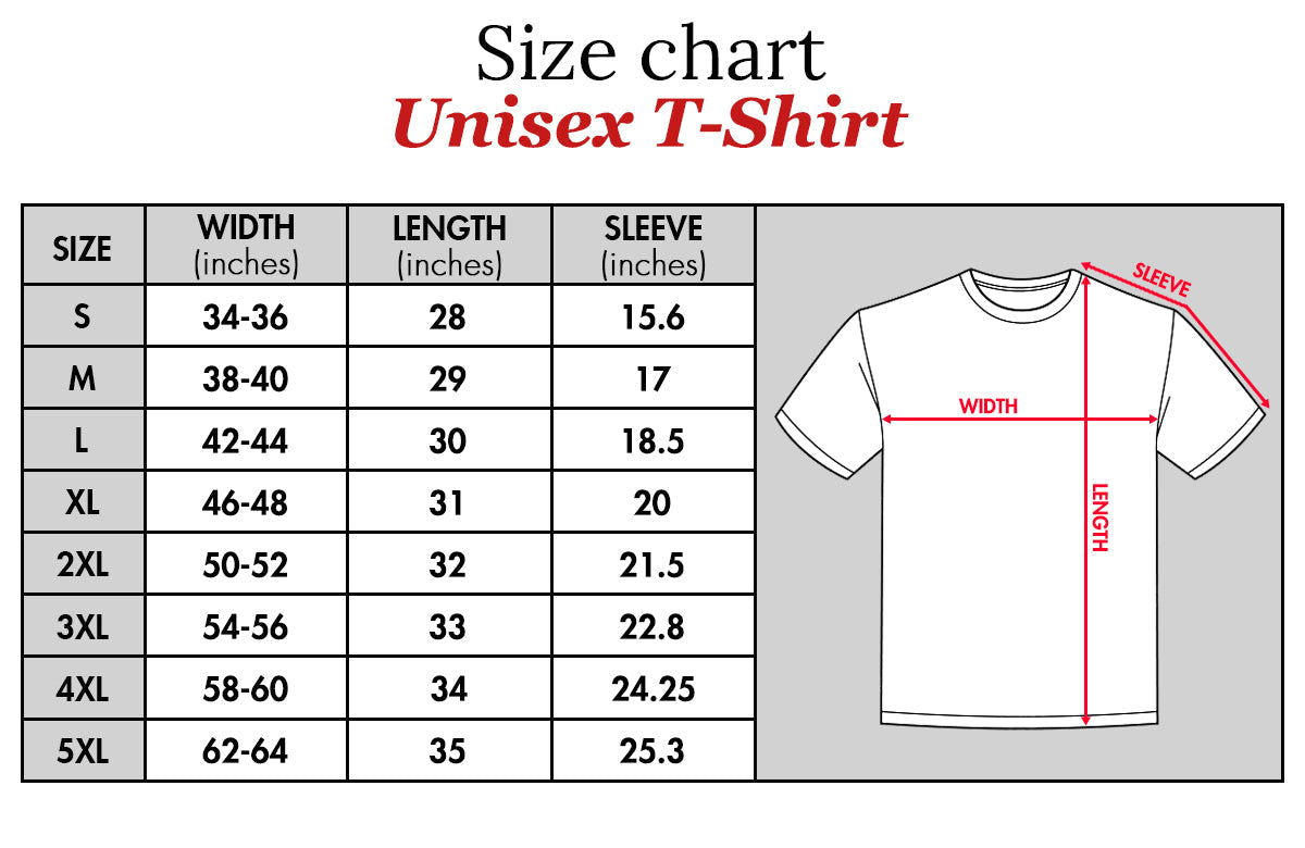 Unisex T-shirt size chart showing width length and sleeve measurements for sizes S to 5XL unique couples gift custom apparel