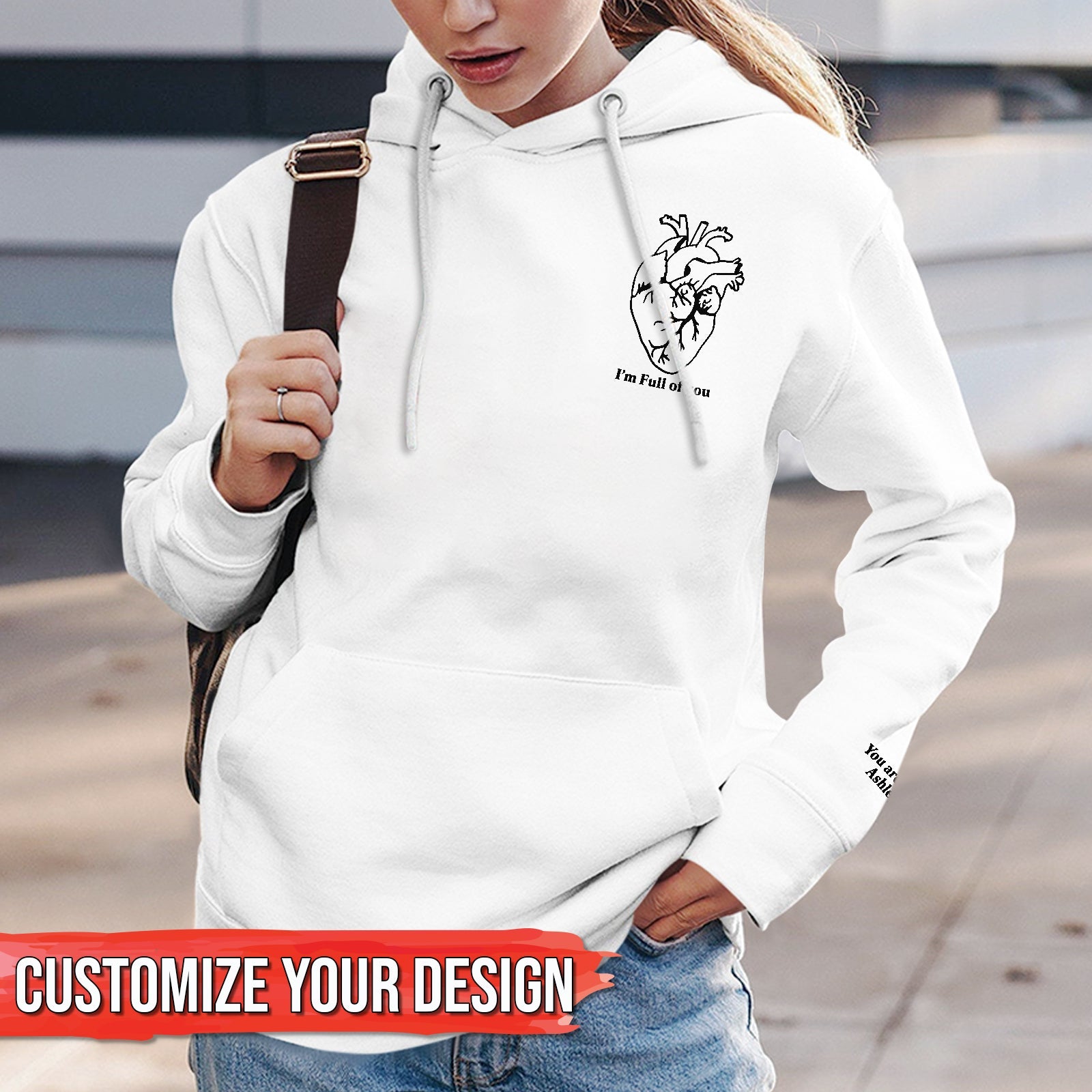 White hoodie with anatomical heart design and customizable text, unique couples gift custom apparel