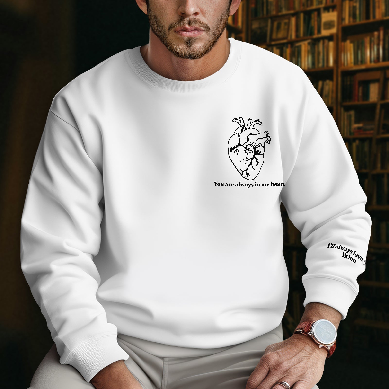 White sweatshirt with anatomical heart design and romantic text unique couples gift custom apparel