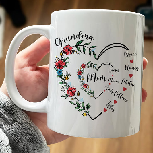 Unique family gift mug with floral heart design and names for personalized beverages