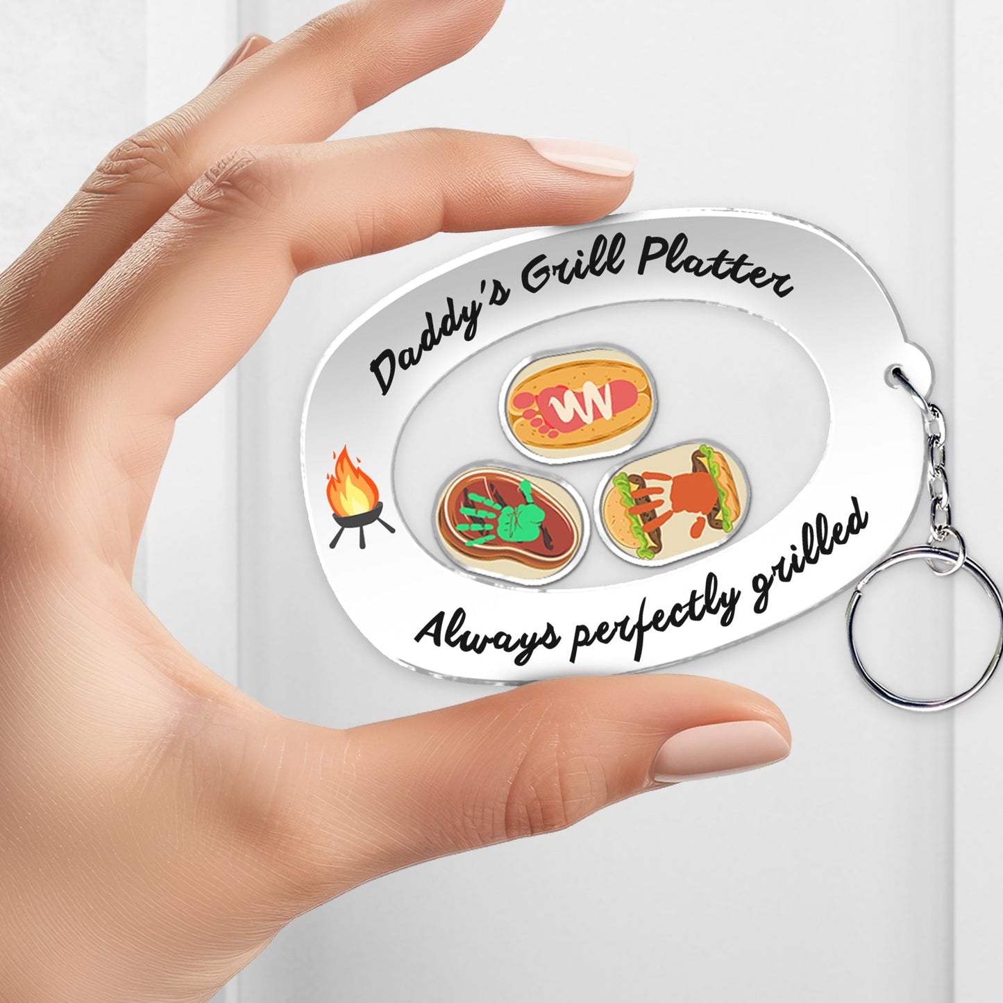 Unique Father's Day keychain featuring a grill platter design with fun food illustrations