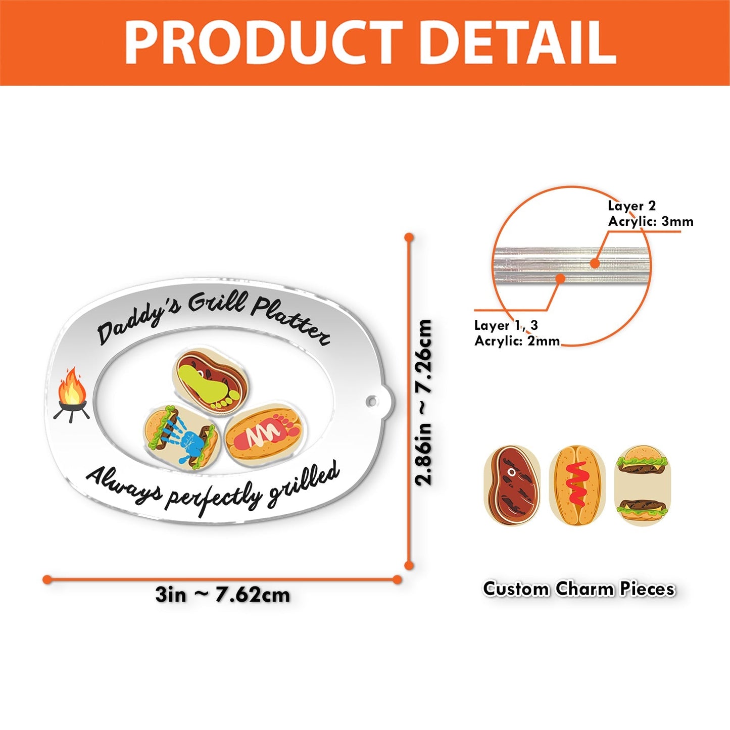 Unique Father's Day keychain with grill-themed charms and a customizable design