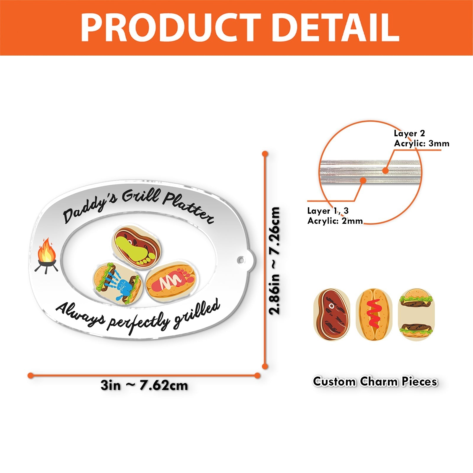 Unique Father's Day keychain with grill-themed charms and a customizable design