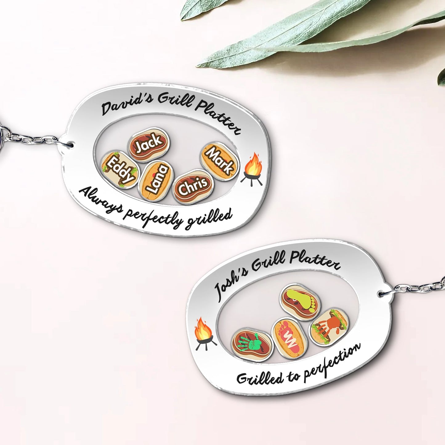 Unique Father's Day keychain featuring personalized grill platter design with names and grilling themes