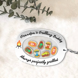 Unique Father's Day keychain featuring 'Grandpa's Grilling Buddy' design with colorful grill-themed icons