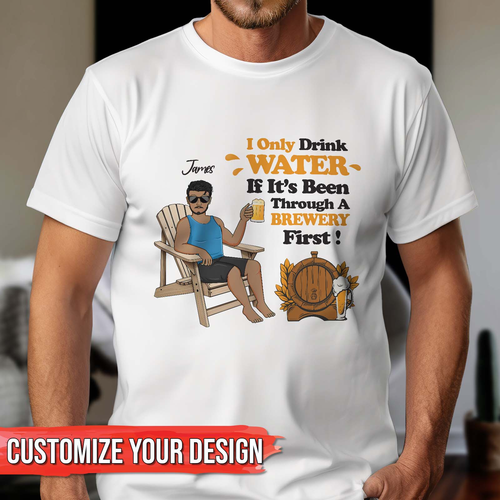 White t-shirt with custom name and unique gift for beer drinkers design featuring a man holding a beer mug and brewery text