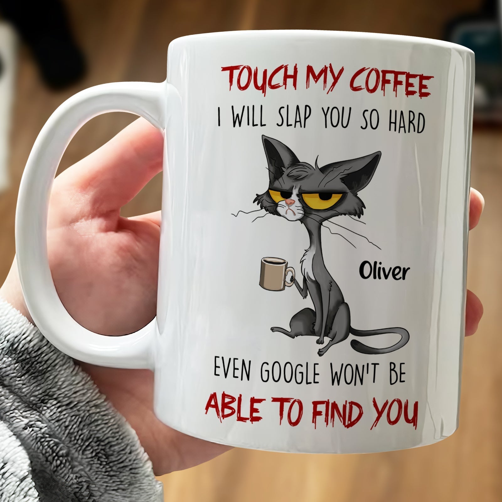 Funny coffee mug with cat graphic saying Touch My Coffee for unique gifts for cat lovers