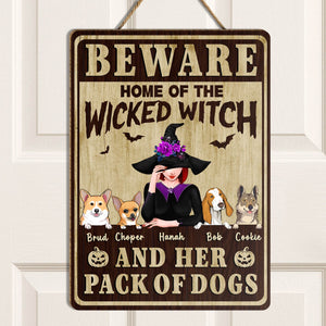 Beware sign featuring a wicked witch and her pack of dogs, perfect for unique Halloween gifts for pet lovers