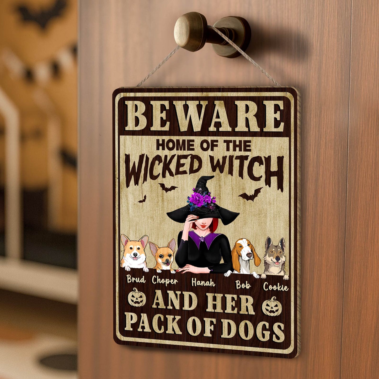 Beware sign featuring a witch and dogs, perfect for unique Halloween gifts for pet lovers