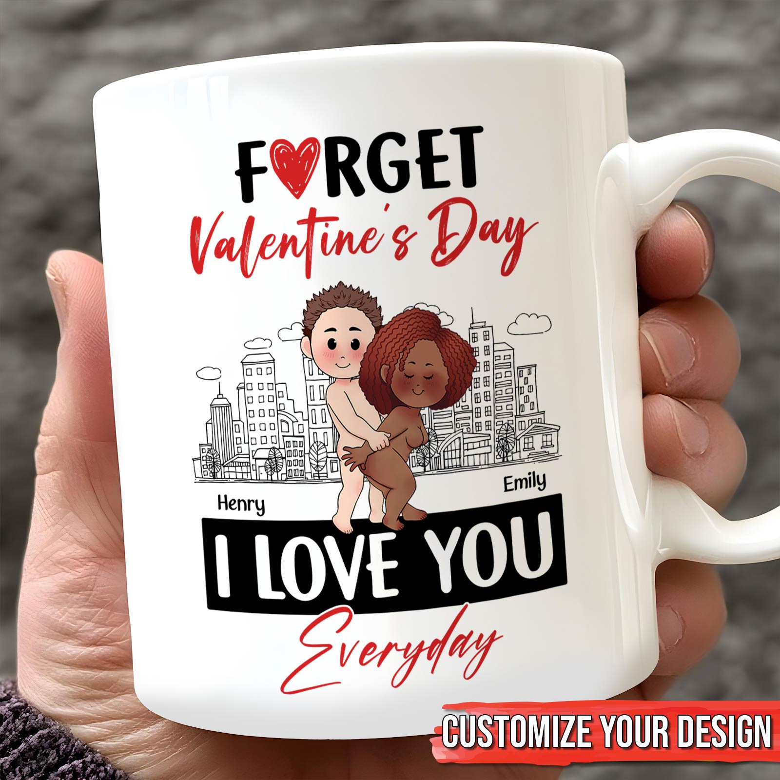 Unique personalized couple mug featuring cartoon couple with text I Love You Everyday