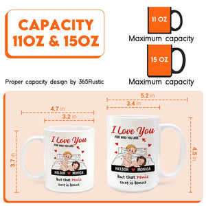 Unique romantic gift for partner coffee mug featuring playful design with humorous text and couple illustration