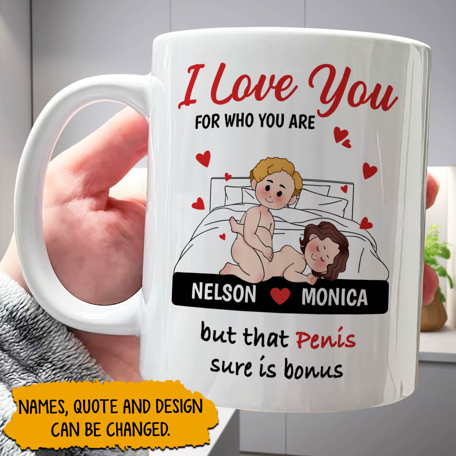 Funny I Love You Mug featuring customizable names and a humorous quote, a unique romantic gift for partner