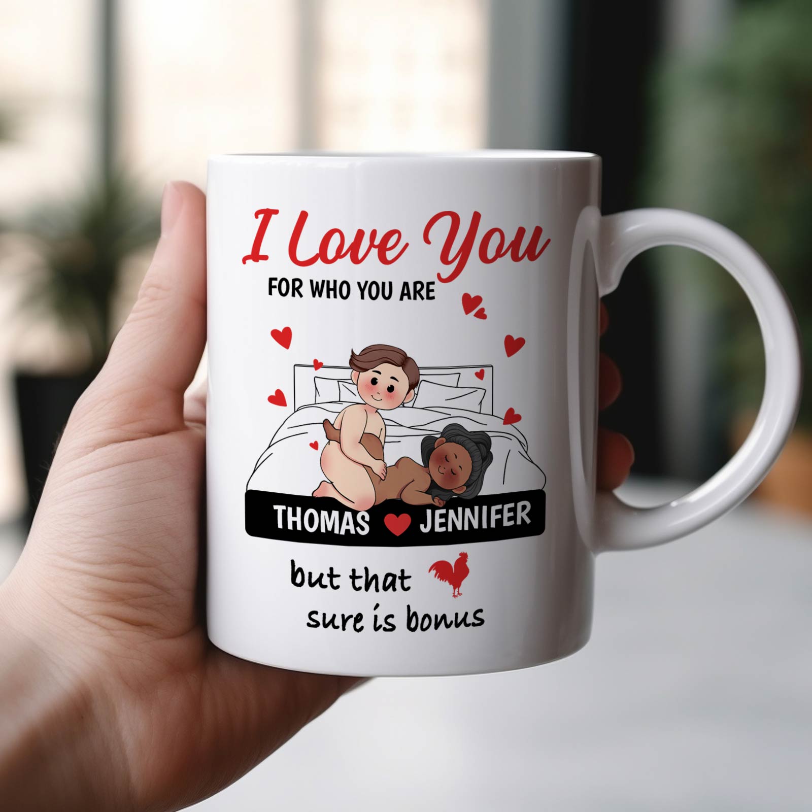 Personalized white mug with cartoon couple and heartfelt message for a unique romantic gift for partner