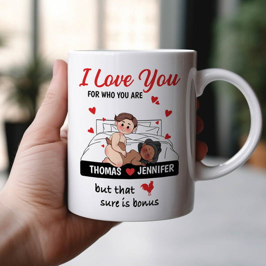 Personalized white mug with cartoon couple and heartfelt message for a unique romantic gift for partner