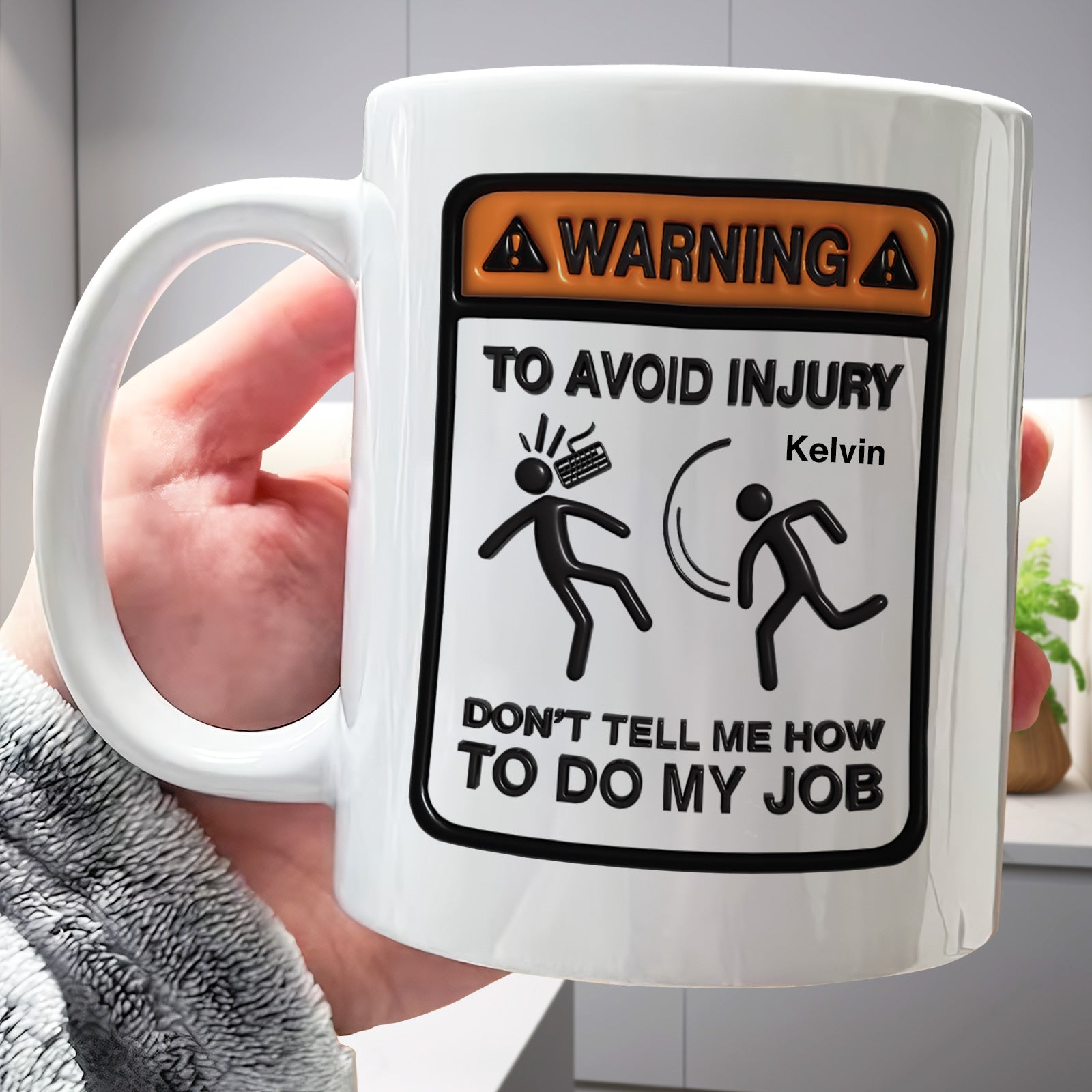 Funny coffee mug with a warning sign for unique workplace humor gift featuring comedic graphics