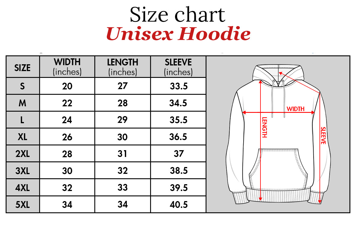 Size chart for unisex hoodie showing width length and sleeve measurements for sizes S to 5XL