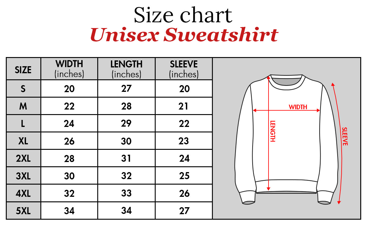 Size chart for unisex sweatshirt showing width length and sleeve measurements in inches for sizes S to 5XL
