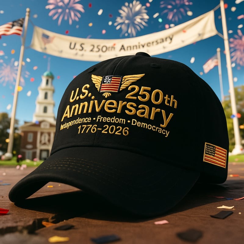 Black US 250th anniversary cap with gold embroidery featuring independence and freedom themes