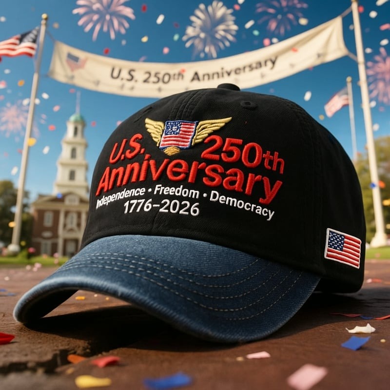 Black and blue US 250th anniversary cap with embroidered flag and patriotic text for Independence Day