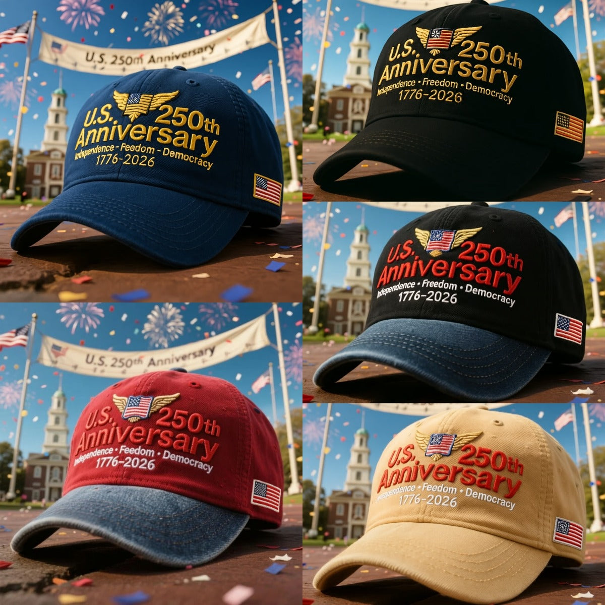 US 250th anniversary cap in multiple colors featuring patriotic embroidery with Independence Freedom Democracy 1776-2026