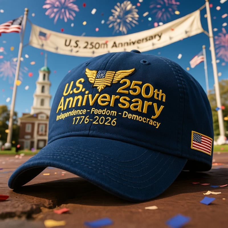 Blue US 250th anniversary cap with gold embroidery featuring American eagle and flag patch