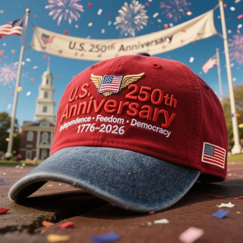 Red and denim US 250th anniversary cap with embroidered American flag and independence theme
