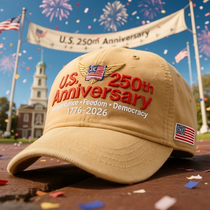 365Gifty US 250th anniversary cap beige with patriotic embroidery and American flag patch