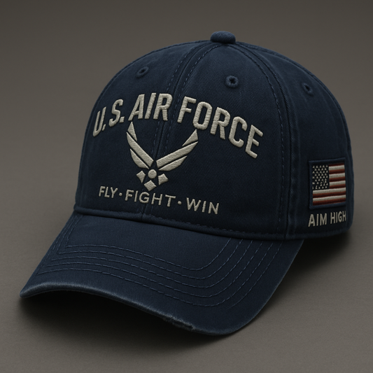 365Gifty U.S. Air Force embroidered cap in navy blue with American flag and Fly Fight Win design