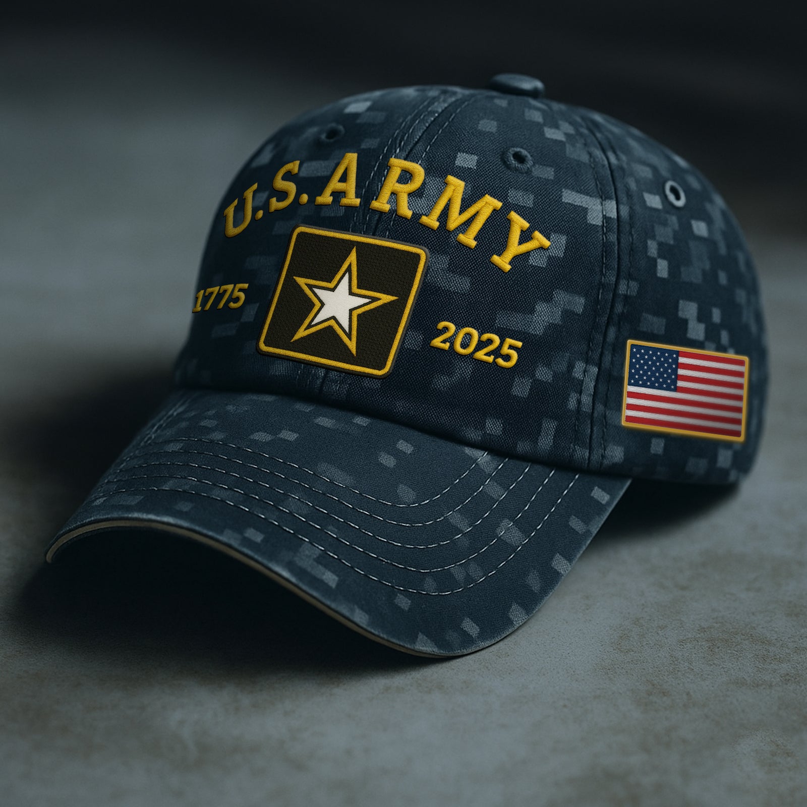 U.S. Army 2025 collection apparel baseball cap in digital camo with embroidered logo and American flag