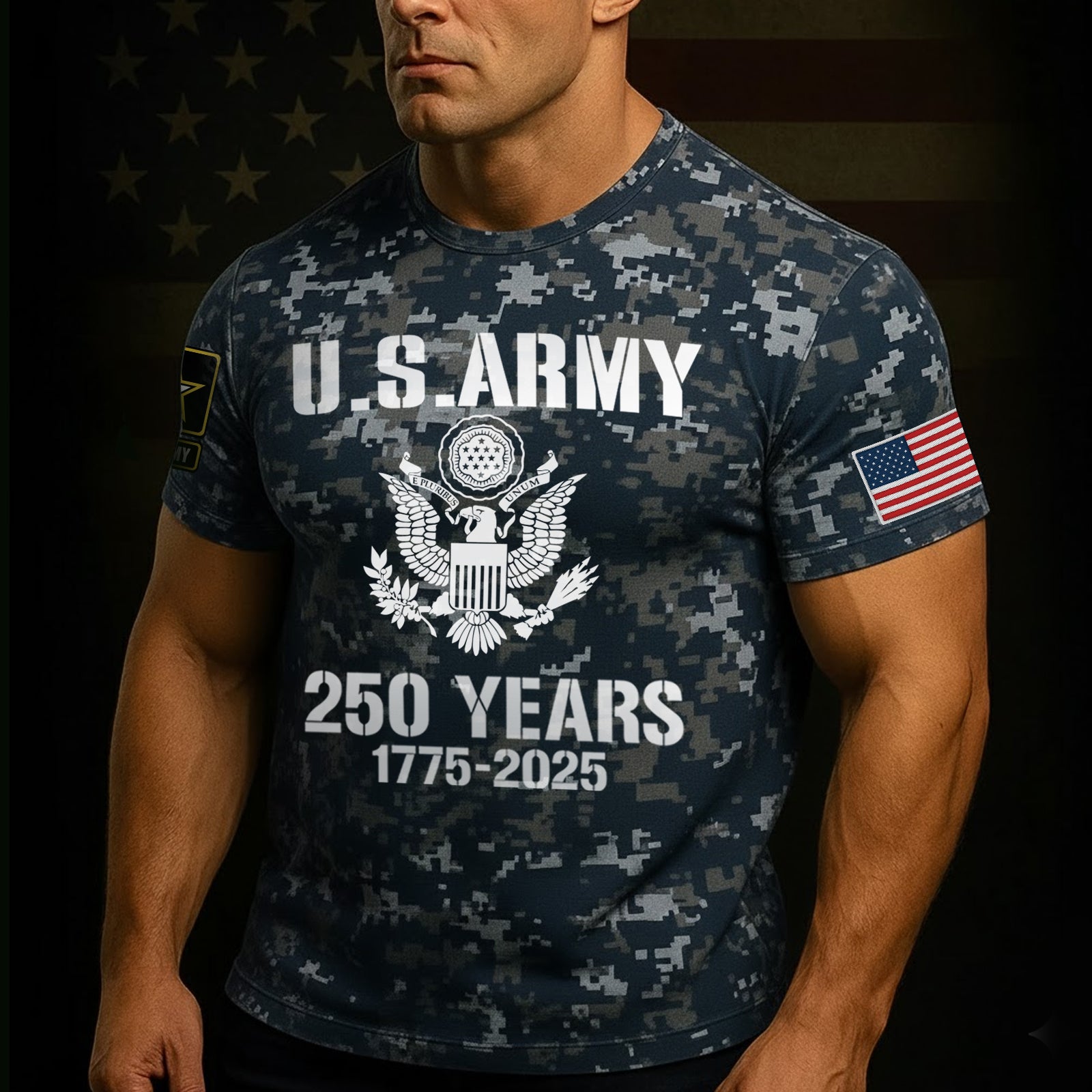 Men's U.S. Army 2025 collection apparel with 250 Years graphic and camouflage design