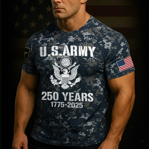 Men's U.S. Army 2025 collection apparel with 250 Years graphic and camouflage design