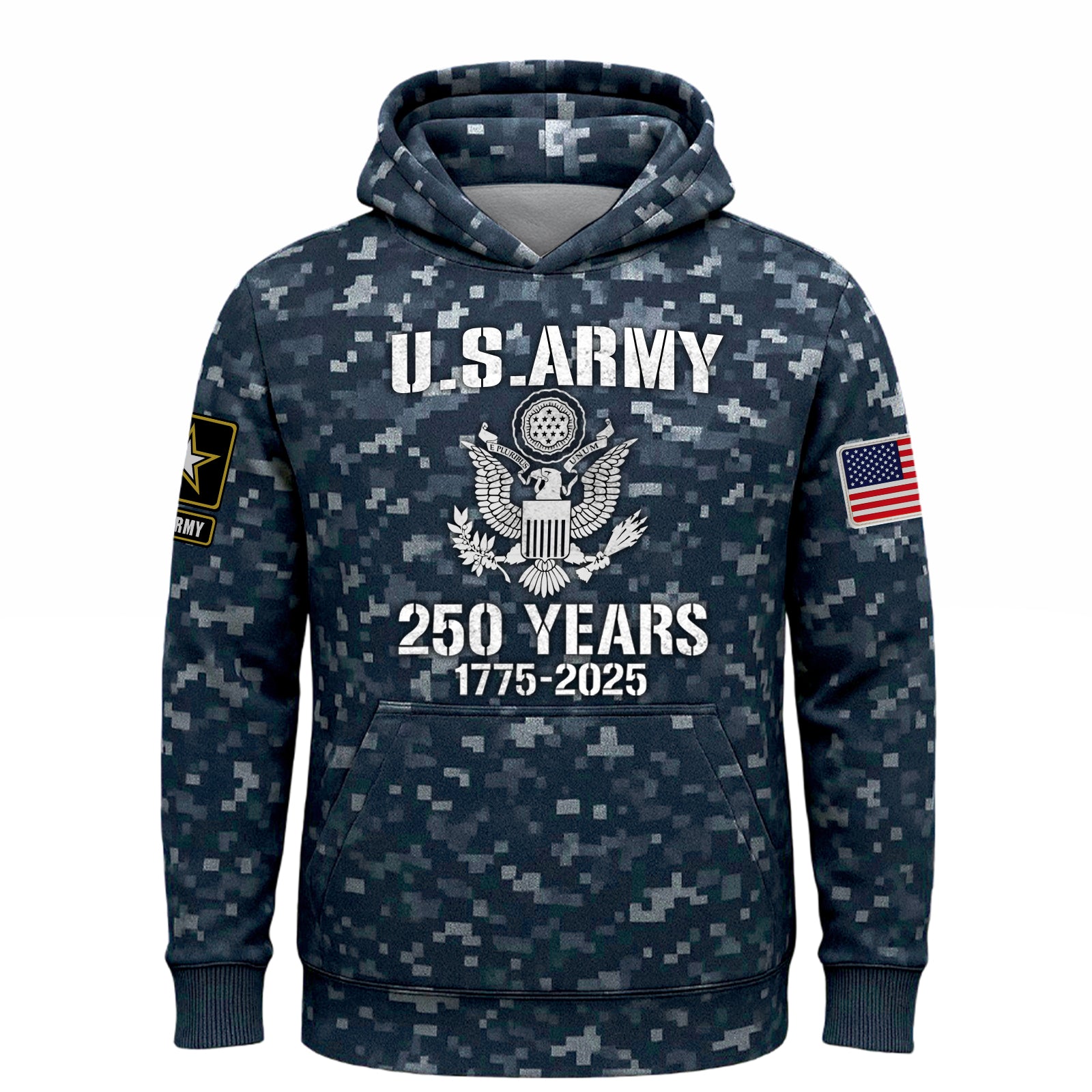 U.S. Army 2025 collection apparel hoodie featuring camo design and patriotic graphics