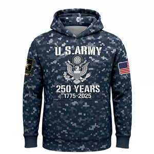 U.S. Army 2025 collection apparel hoodie featuring camo design and patriotic graphics