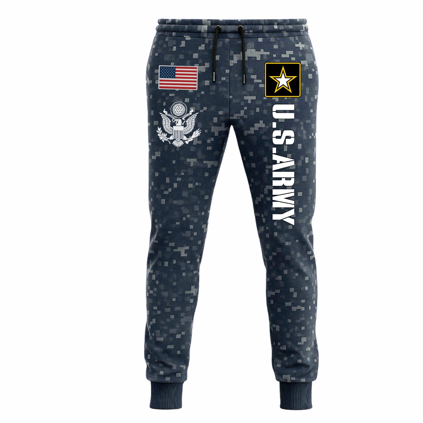 U.S. Army 2025 collection apparel joggers featuring military patches and camouflage design
