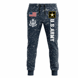 U.S. Army 2025 collection apparel joggers featuring military patches and camouflage design