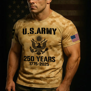 U.S. Army 2025 collection apparel featuring a camo design and patriotic graphics