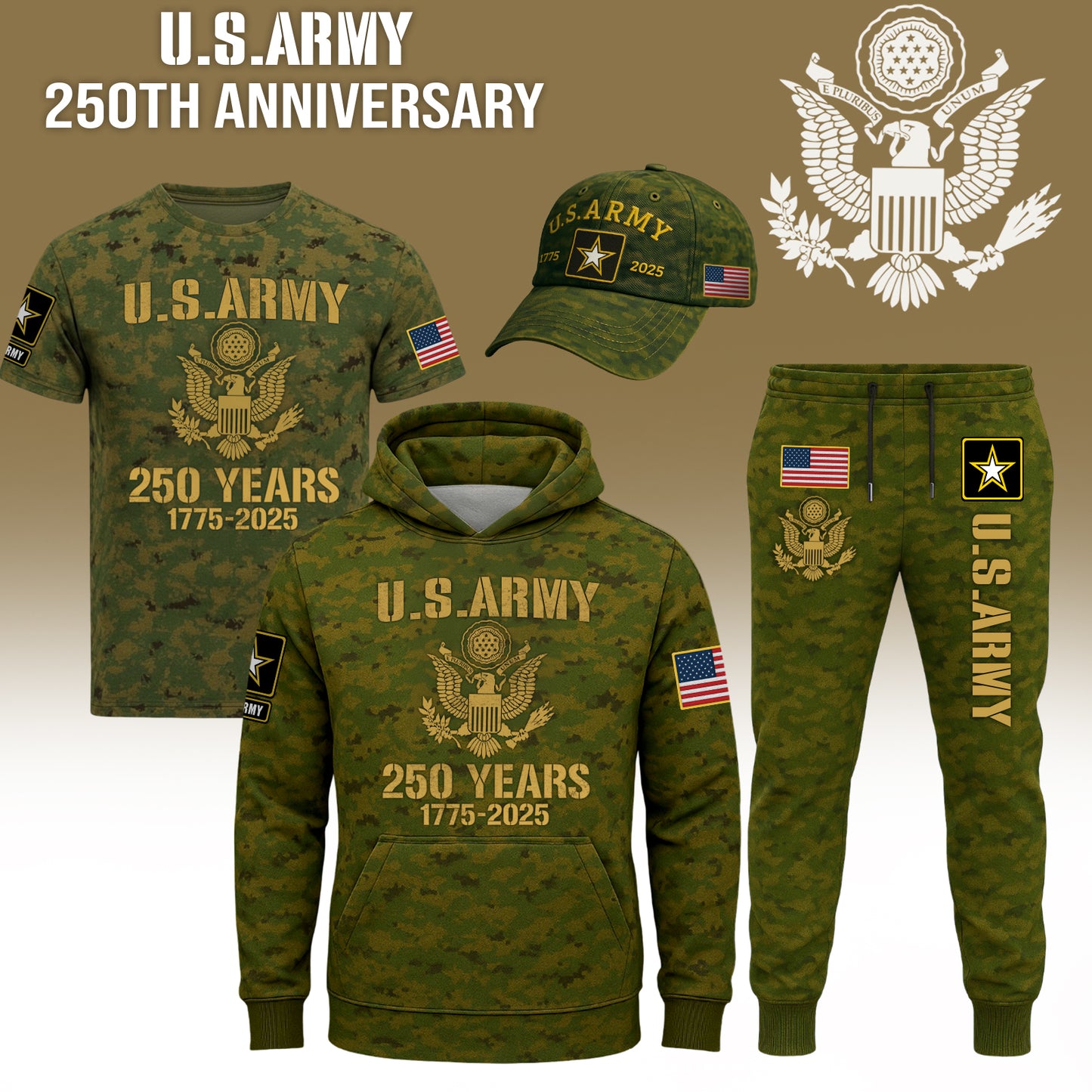 U.S. Army 2025 collection apparel including t-shirt, hoodie, cap, and pants in camo design