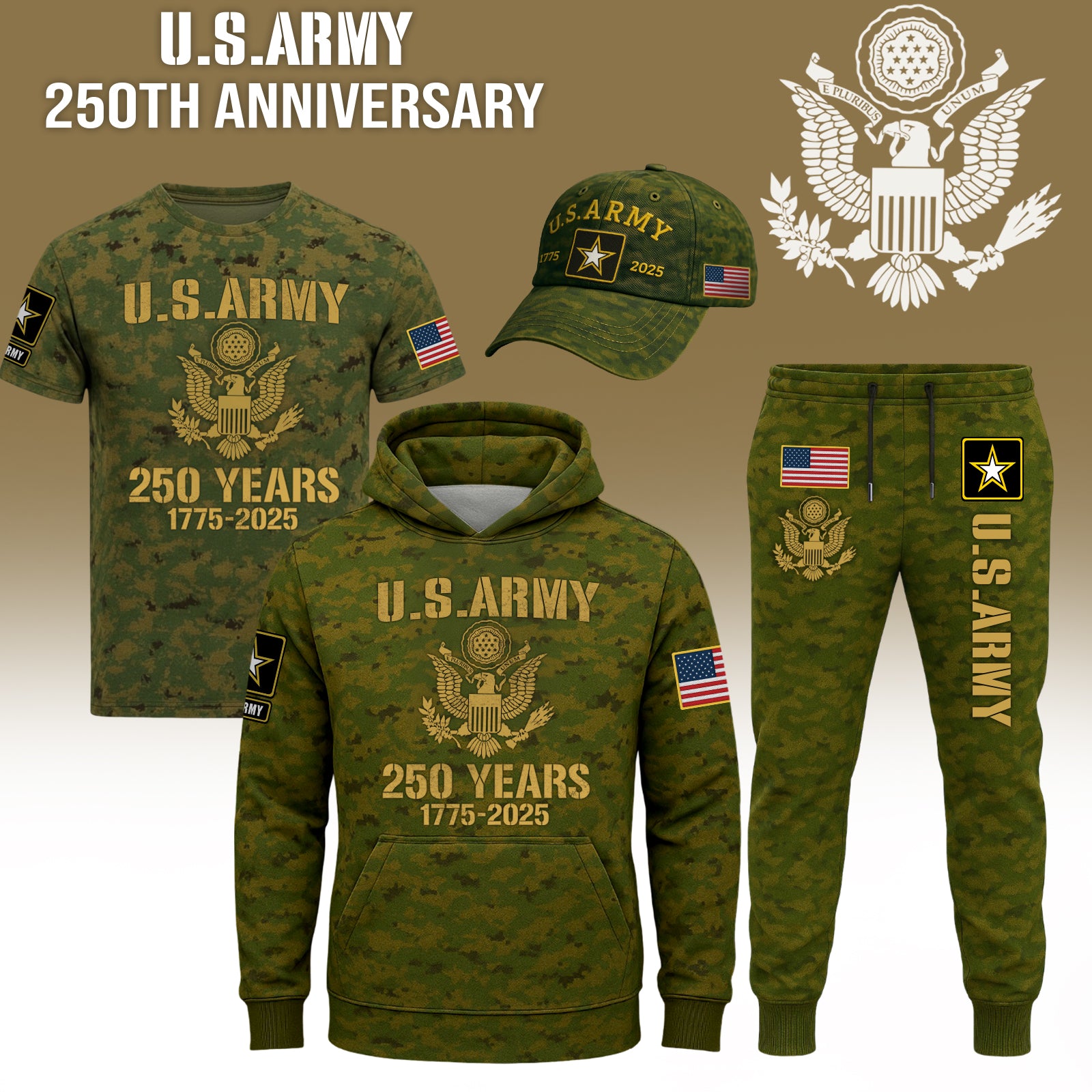 U.S. Army 2025 collection apparel including t-shirt, hoodie, cap, and pants in camo design