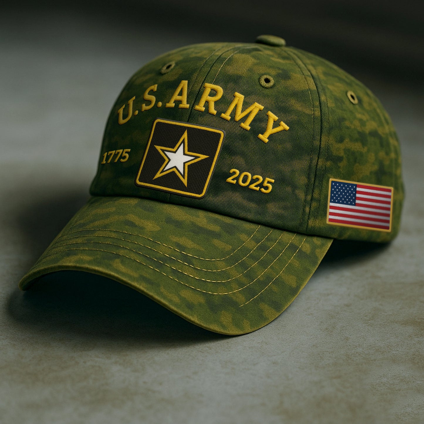 U.S. Army 2025 collection apparel featuring a camouflaged cap with flag detail