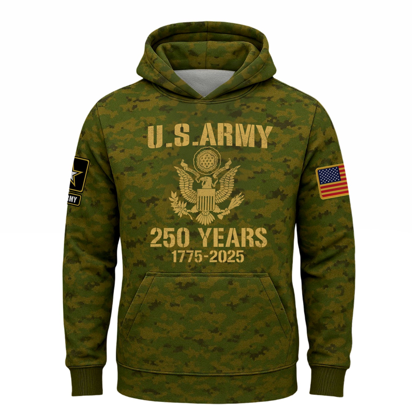 Camouflage hoodie from 365Gifty featuring U.S. Army 2025 collection apparel with a commemorative design