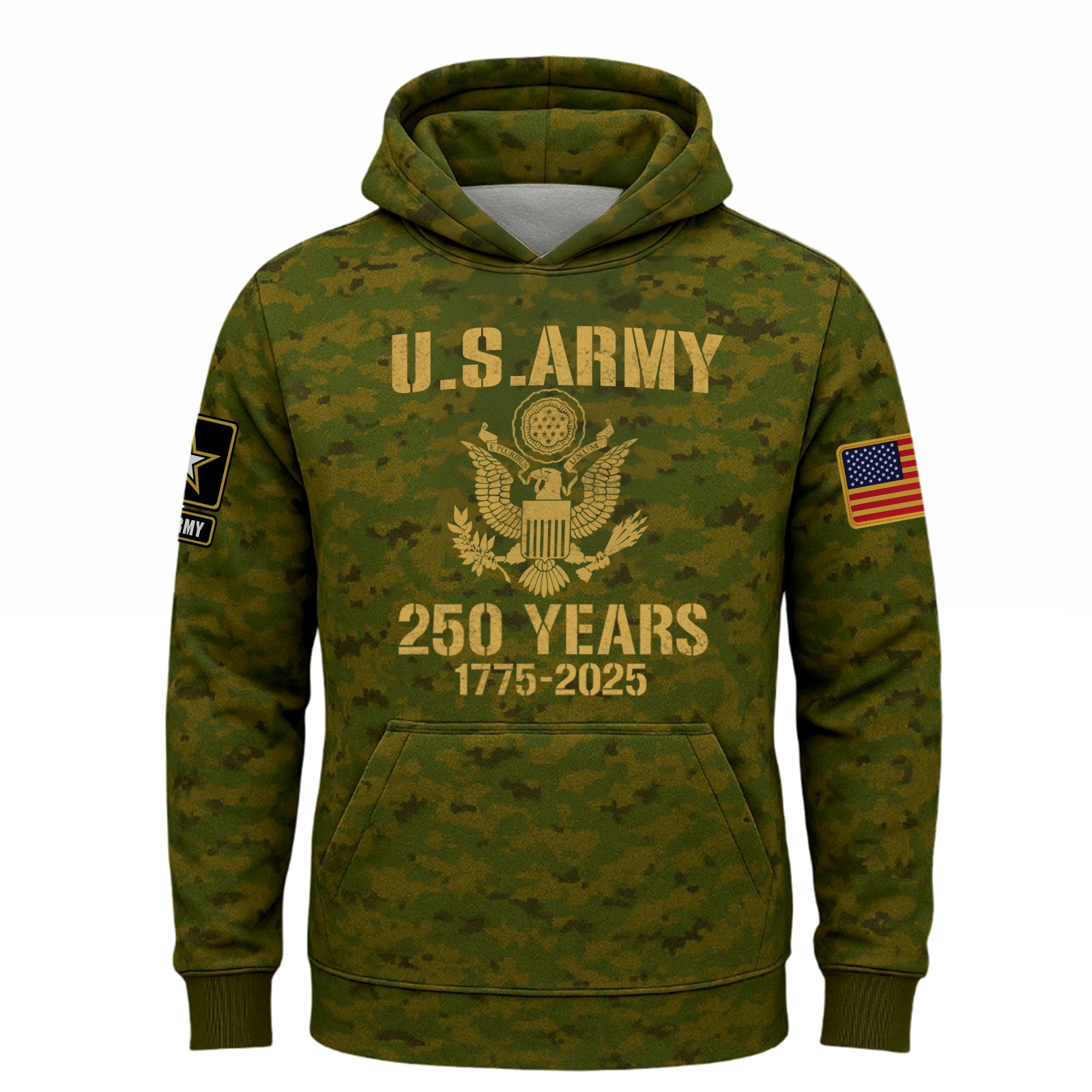 Camouflage hoodie from 365Gifty featuring U.S. Army 2025 collection apparel with a commemorative design