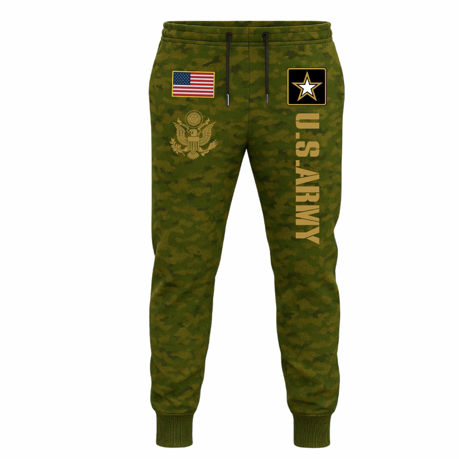 U.S. Army 2025 collection apparel in camouflage joggers with US flag and Army logo