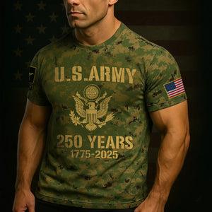 Green U.S. Army 2025 collection apparel with gold print and American flag design