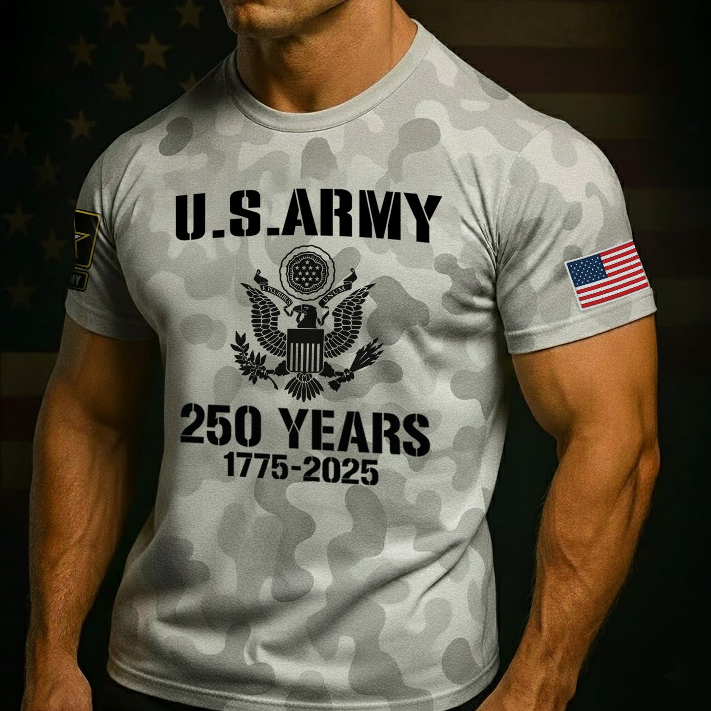U.S. Army 2025 collection apparel featuring a camo tee with 250 years logo and American flag sleeve