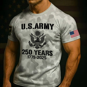 U.S. Army 2025 collection apparel featuring a camo tee with 250 years logo and American flag sleeve