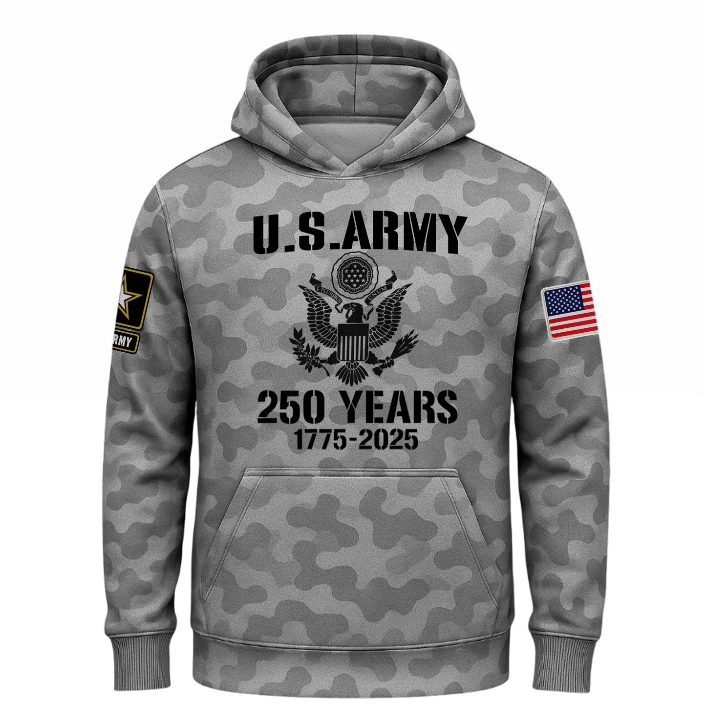 Grey camo U.S. Army 2025 collection apparel hoodie with 250 years design and patches