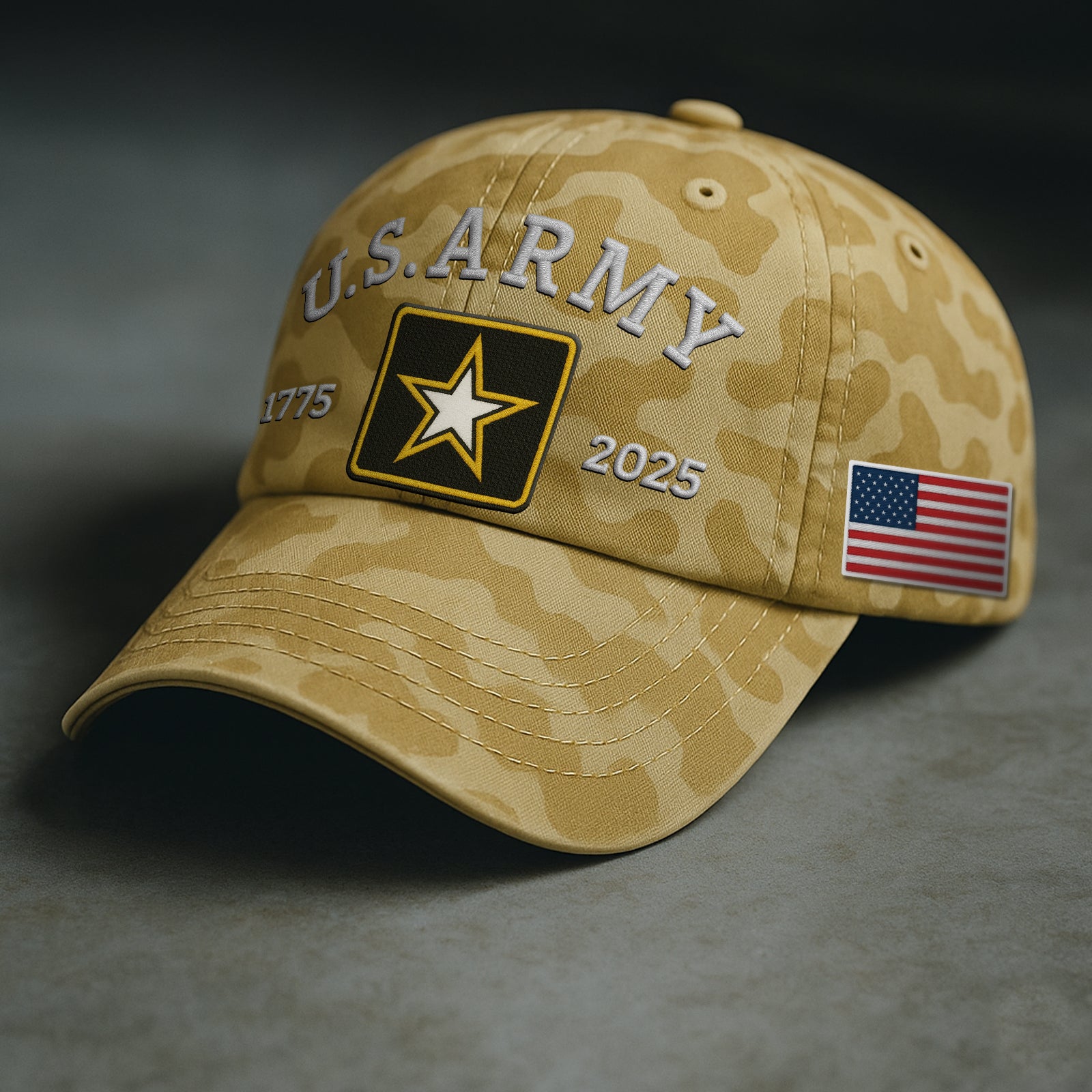 U.S. Army 2025 collection apparel featuring a camo cap with logo and American flag