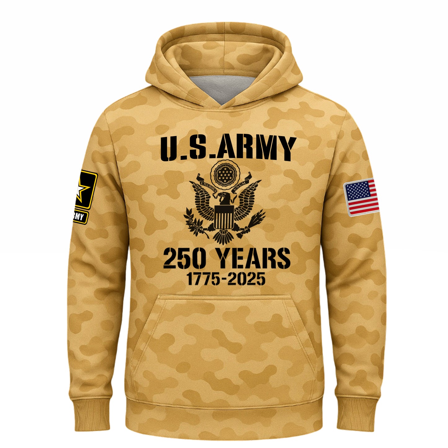 U.S. Army 2025 collection apparel with camo design and front eagle insignia for veterans and supporters